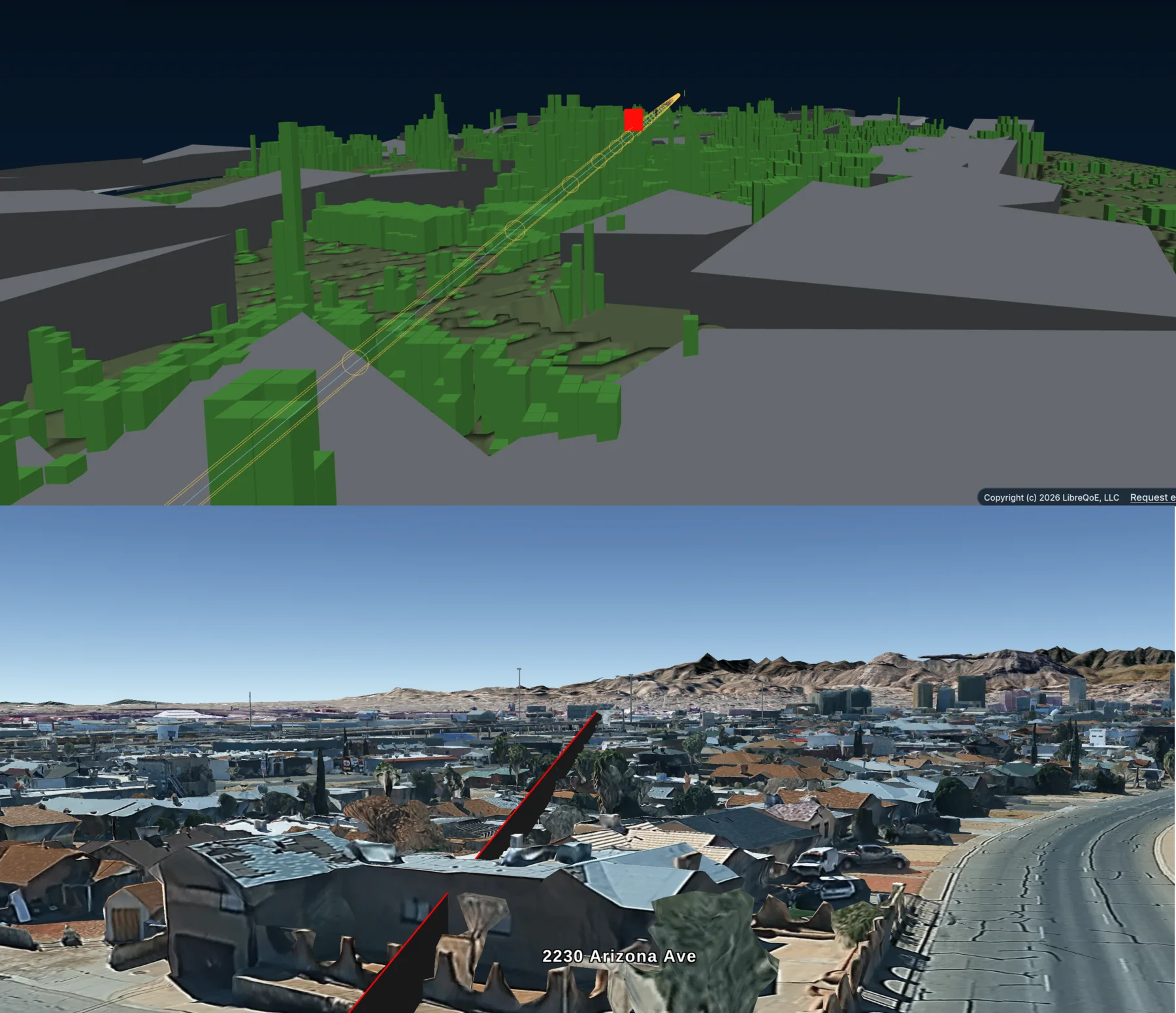 Comparison of the same El Paso wireless path in WISP Planner and Google Earth, with WISP Planner showing trees obstructing the Fresnel zone.