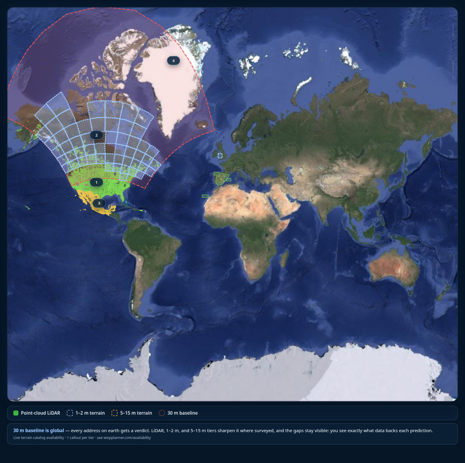 Terrain availability map showing source coverage tiers across North America and Europe.