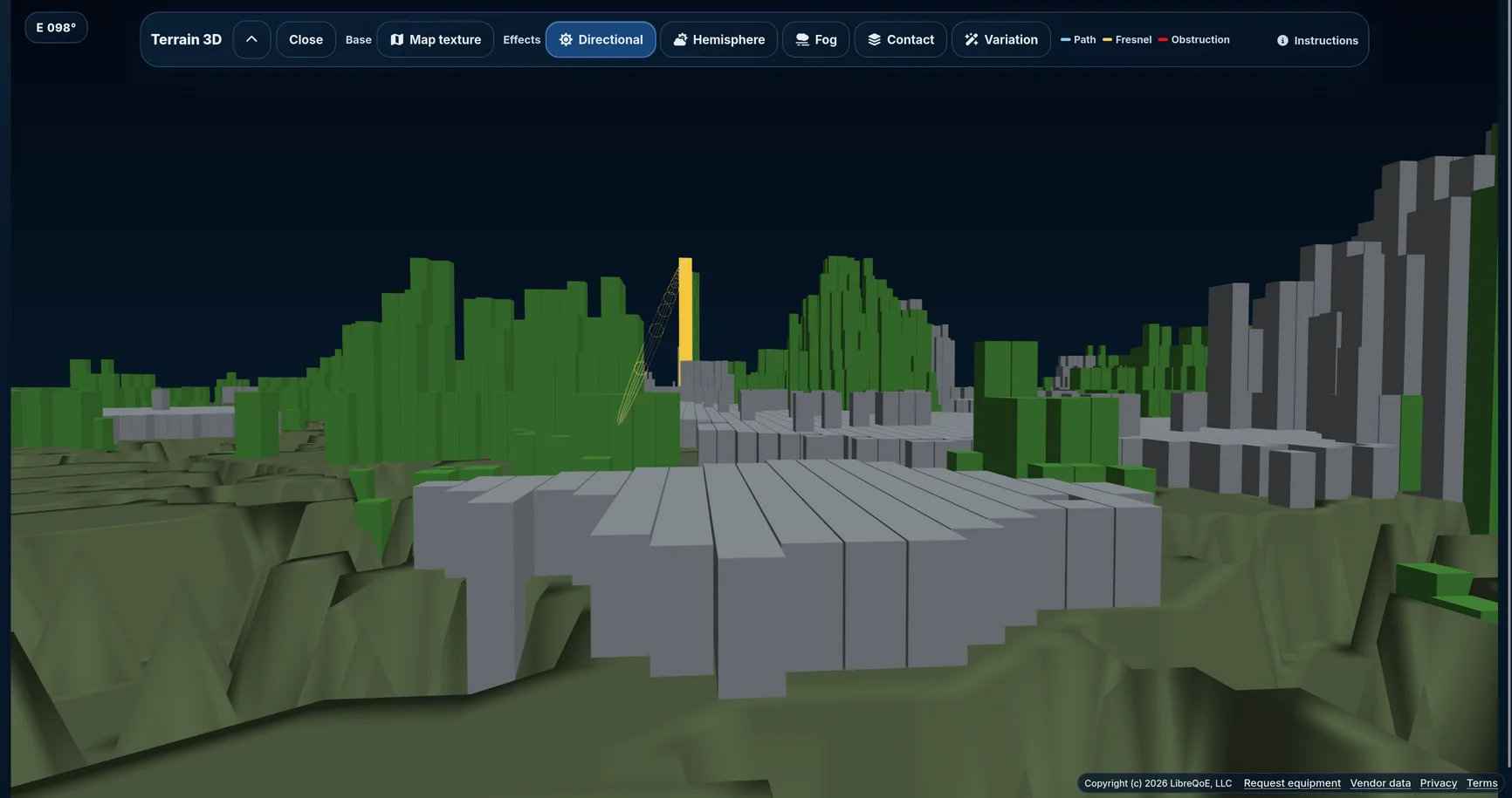 Eye-level WISP Planner 3D view showing a Fresnel zone clearing rooftop trees toward a tower.