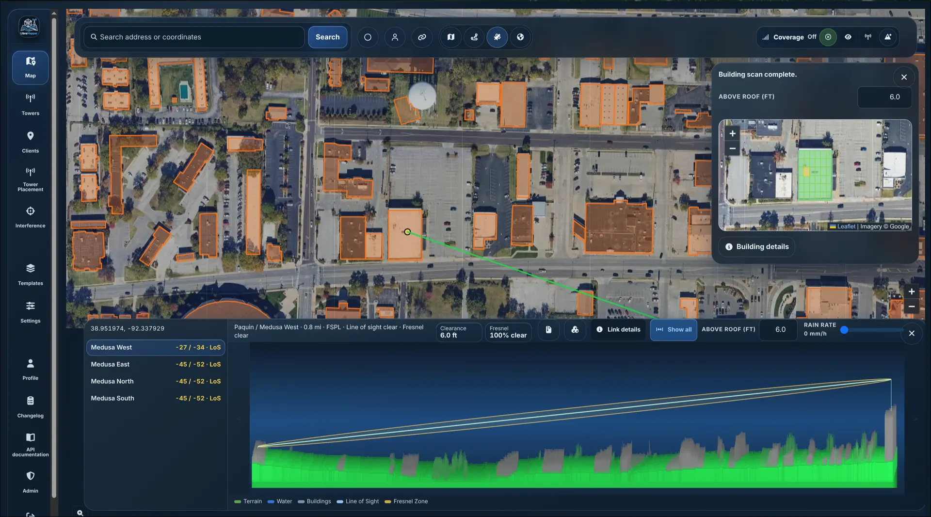 WISP Planner map workspace showing building footprints, a selected rooftop scan, and an annotated terrain profile.