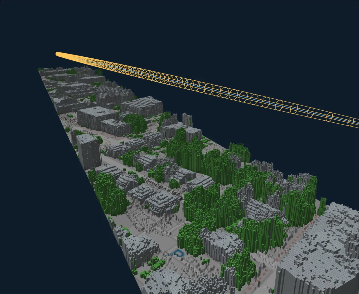 WISP Planner voxelized 3D terrain and building view with a radio path and Fresnel zone drawn above the scene.