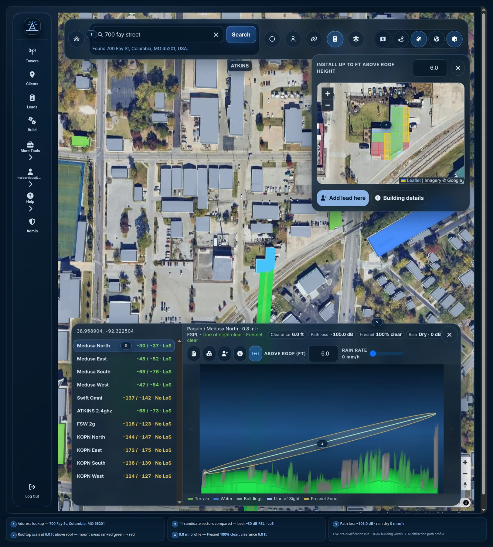 Annotated WISP Planner rooftop scan at 700 Fay Street showing address search, roof cells, service paths, and terrain profile.