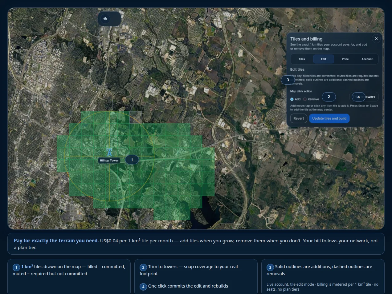 WISP Planner tiles and billing panel over a tower map, showing selected terrain tiles and controls to add, remove, or trim them.