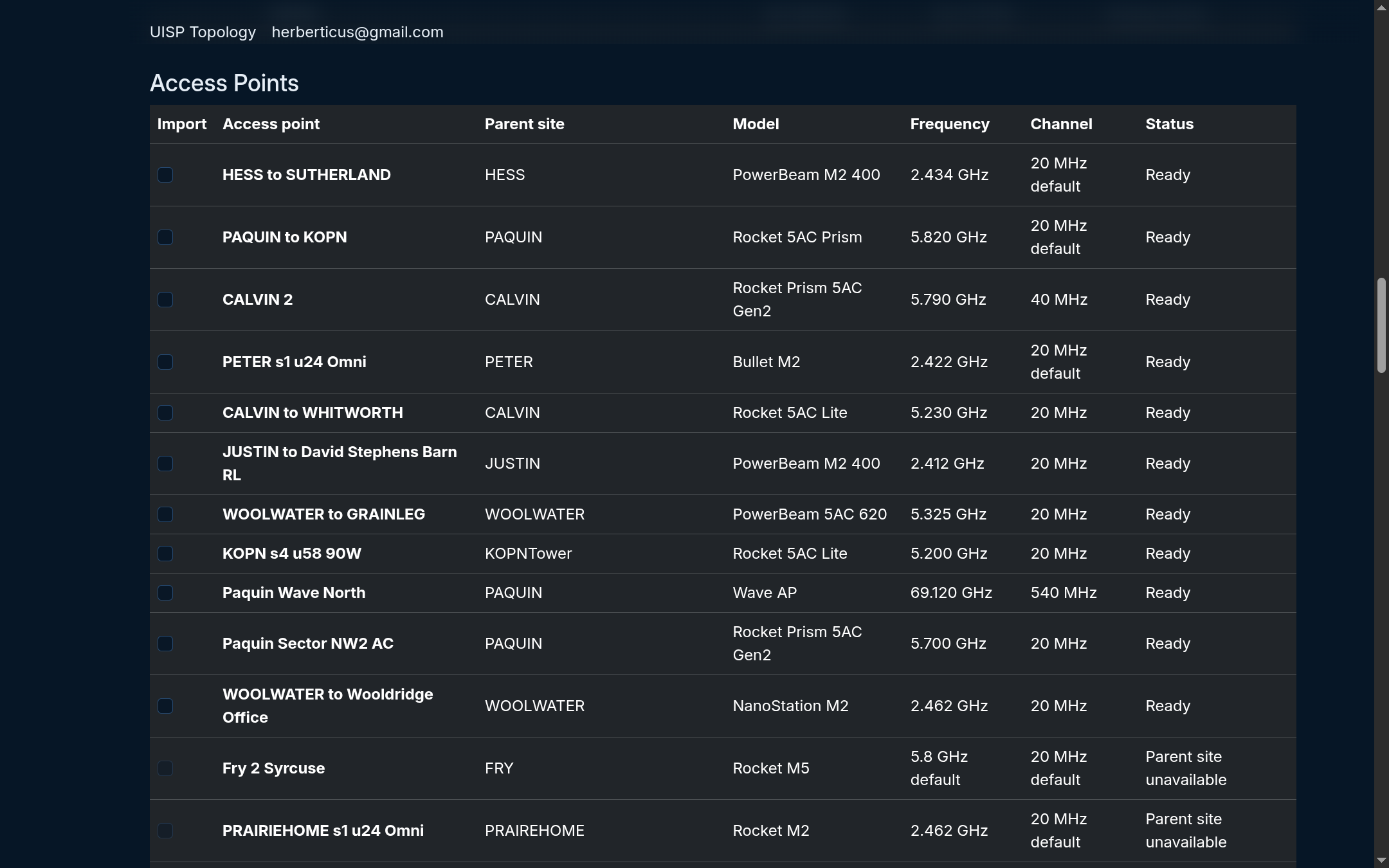 Live WISP Planner UISP topology import preview listing access points, parent sites, radio models, frequencies, and import status.